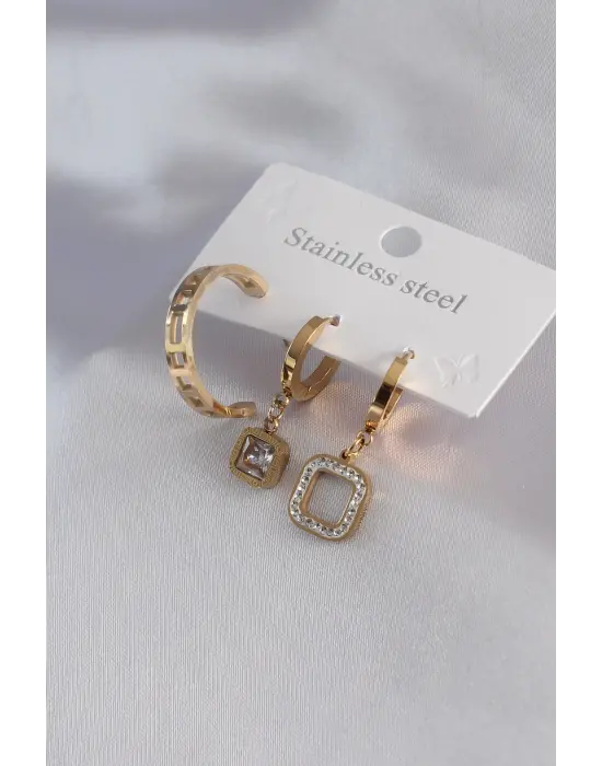 316L Çelik Gold Renk Kare Model Zirkon Taş Detay Kadın Küpe Kombini