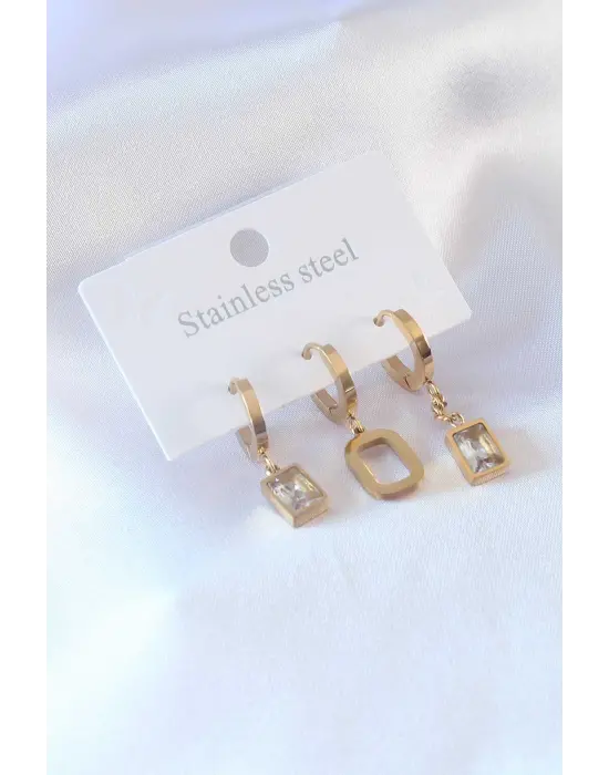 316L Çelik Gold Renk Kare Zirkon Taş Model Kadın Küpe