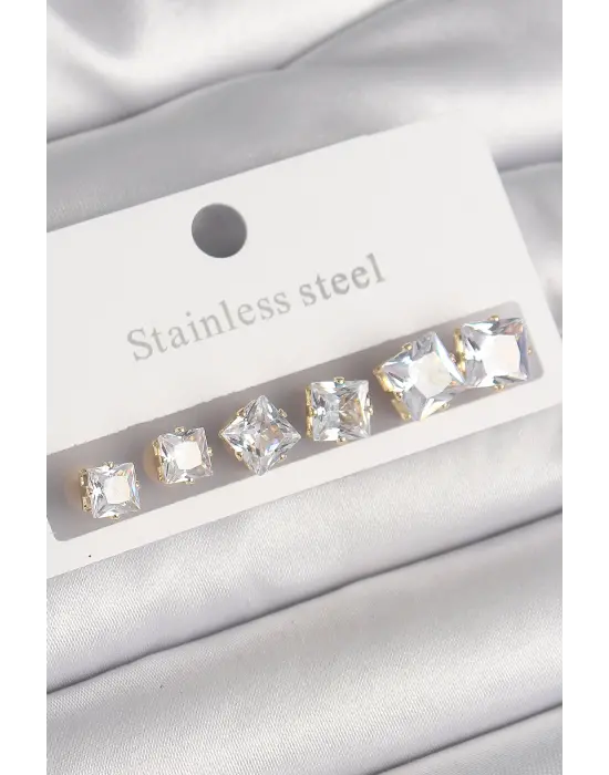   Altın Kare Zirkon Taş Model Çelik Küpe Seti