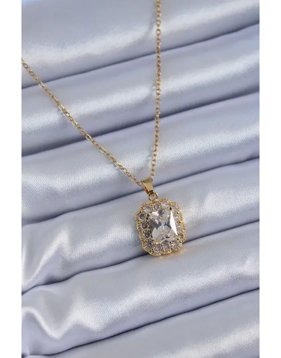 316L Çelik Gold Renk Kare Zirkon Taşlı Kadın Kolye