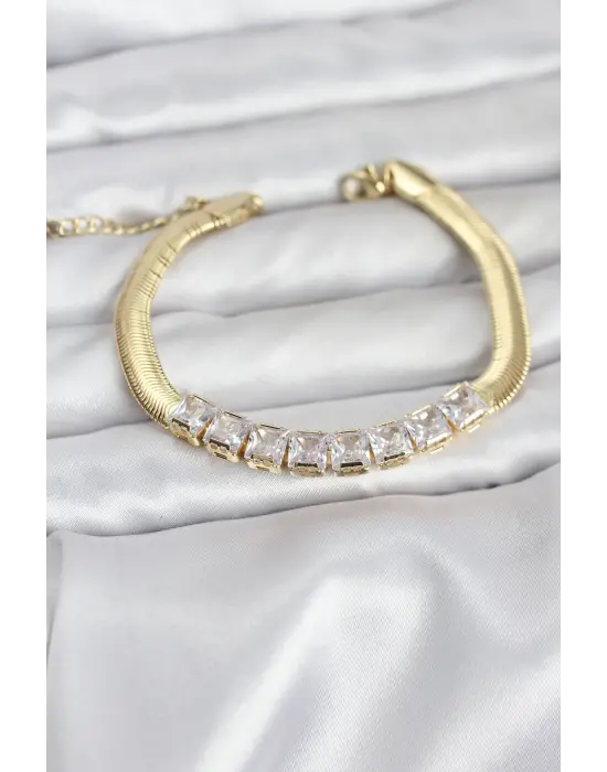 316L Çelik Gold Renk Kare Zirkon Taşlı Yılan Zincirli Kadın Bileklik