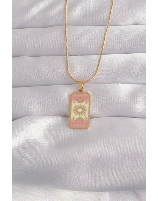  Altın  Karışık Mineli Ay Figür Tarot Çelik Kolye