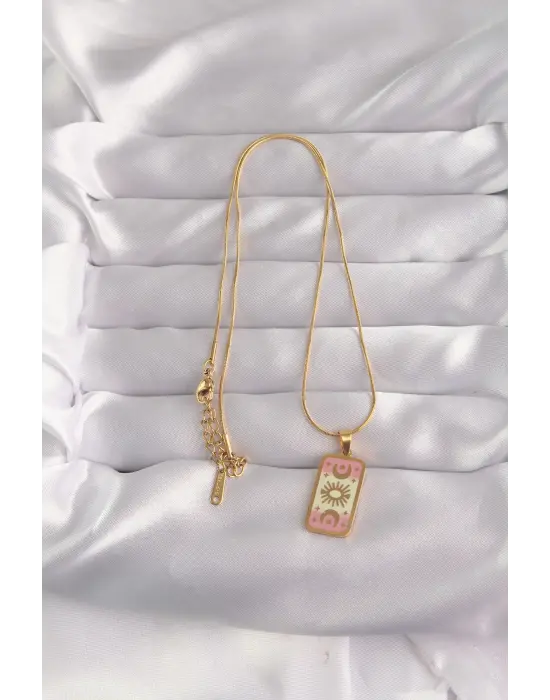  Altın  Karışık Mineli Ay Figür Tarot Çelik Kolye