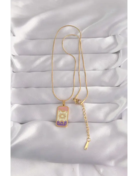  Altın  Karışık Mineli Ay Figür Tarot Çelik Kolye