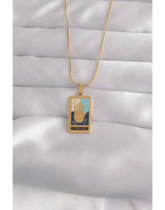  Altın  Karışık Mineli El Figür Tarot Çelik Kolye