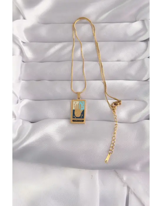  Altın  Karışık Mineli El Figür Tarot Çelik Kolye