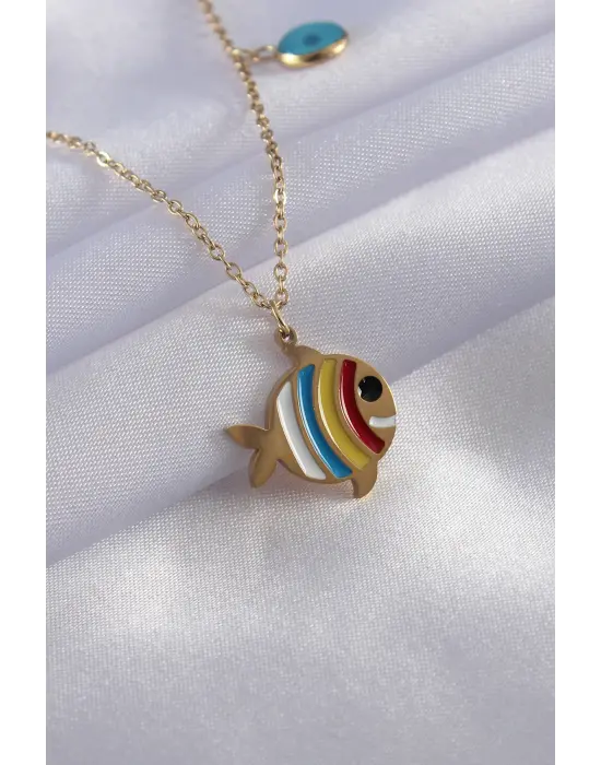  Altın  Karışık  Balık Figür Nazar Boncuk Detay  Çelik Kolye