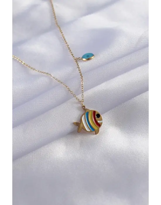  Altın  Karışık  Balık Figür Nazar Boncuk Detay  Çelik Kolye