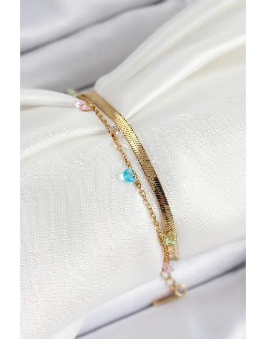 316L Çelik Gold Renk Karışık Renkli Kristal Taşlı 2li Kadın Bileklik