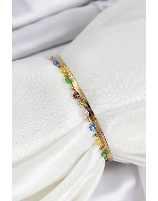 316L Çelik Gold Renk Karışık Renkli Kristal Taşlı Kadın Bileklik