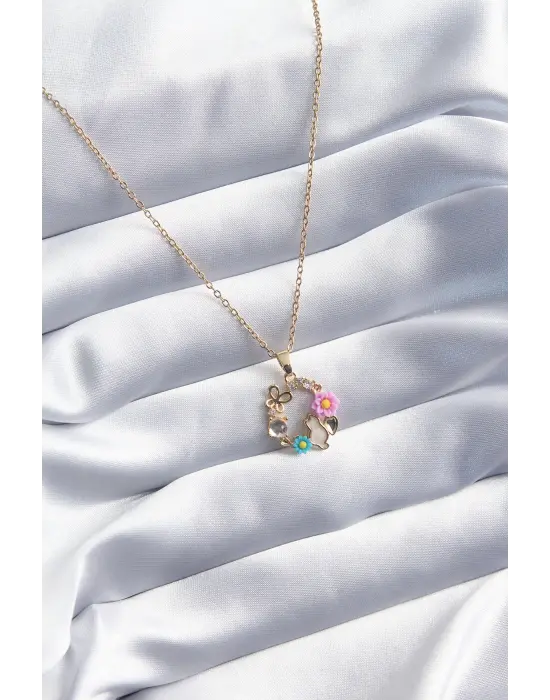  Altın  Kedi Çiçek Kelebek Figür  Çelik Kolye