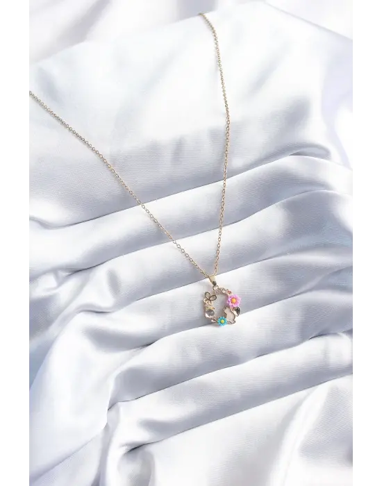  Altın  Kedi Çiçek Kelebek Figür  Çelik Kolye