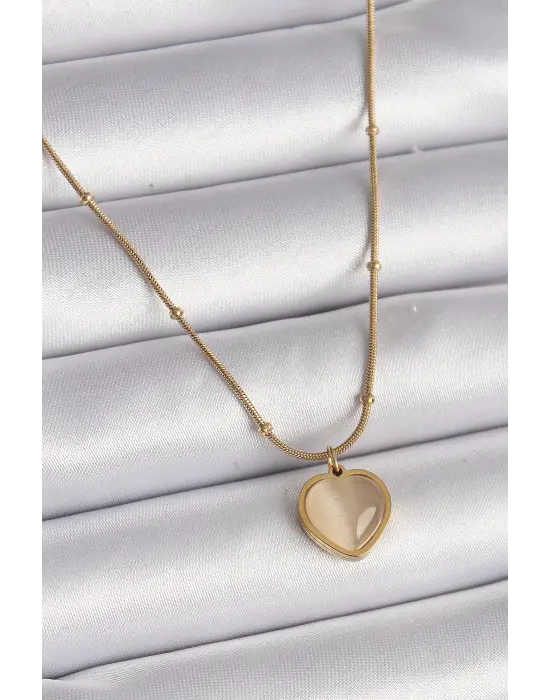  Altın  Kedi Gözü Sedefli Kalp Model  Çelik Kolye