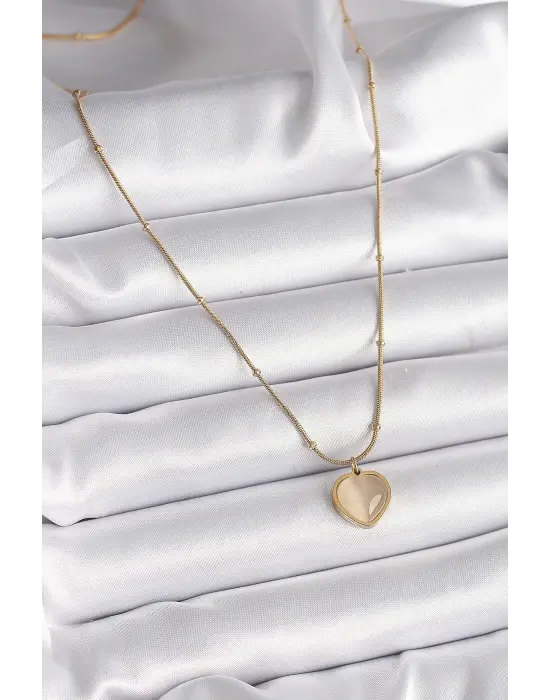  Altın  Kedi Gözü Sedefli Kalp Model  Çelik Kolye