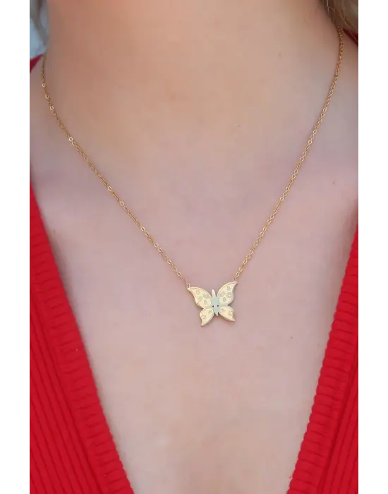  Altın  Kelebek Figür İşleme Detay  Çelik Kolye