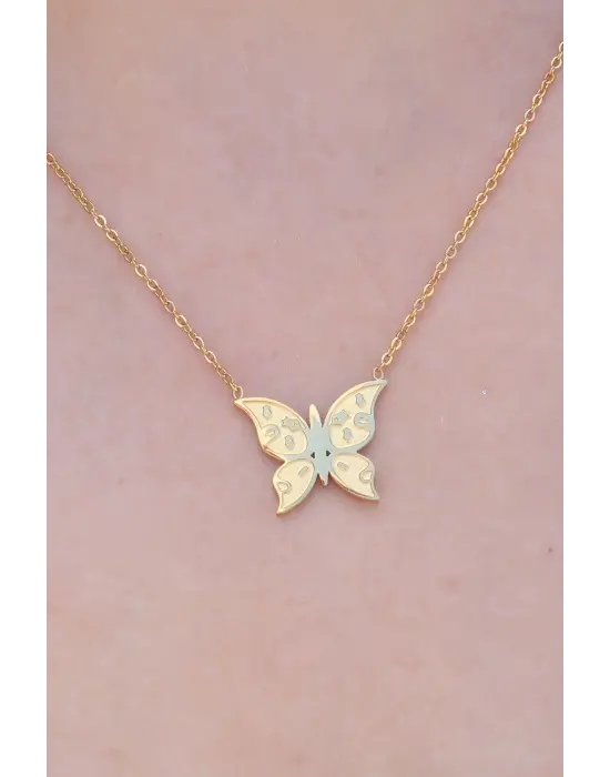  Altın  Kelebek Figür İşleme Detay  Çelik Kolye