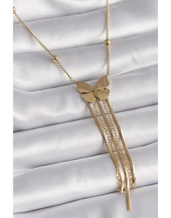 Altın  Kelebek Figür Sallantı İtalyan Zincirli  Çelik Kolye