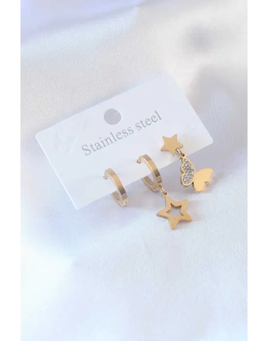 316L Çelik Gold Renk Kelebek Figür Yıldız Detay Zirkon Taşlı Kadın Küpe