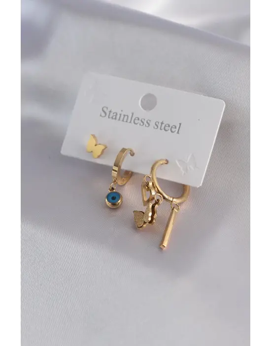 316L Çelik Gold Renk Kelebek Model Kalp Detay Kadın Küpe Kombini