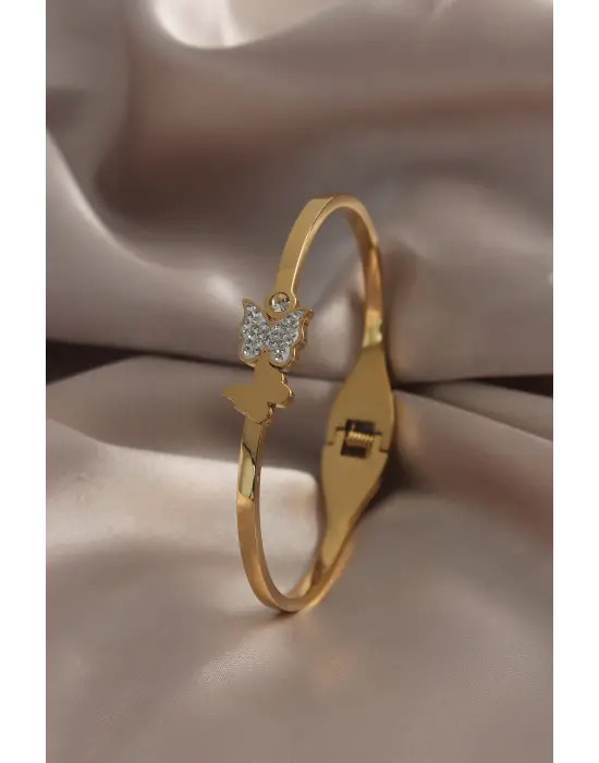 316L Çelik Gold Renk Kelebek Model Zirkon Taşlı Kadın Kelepçe