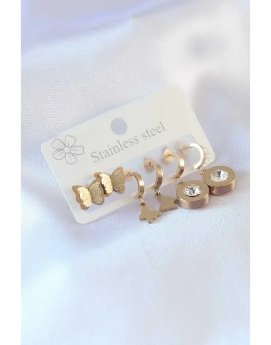 316L Çelik Gold Renk Kelebek Model Zirkon Taşlı Kadın Küpe