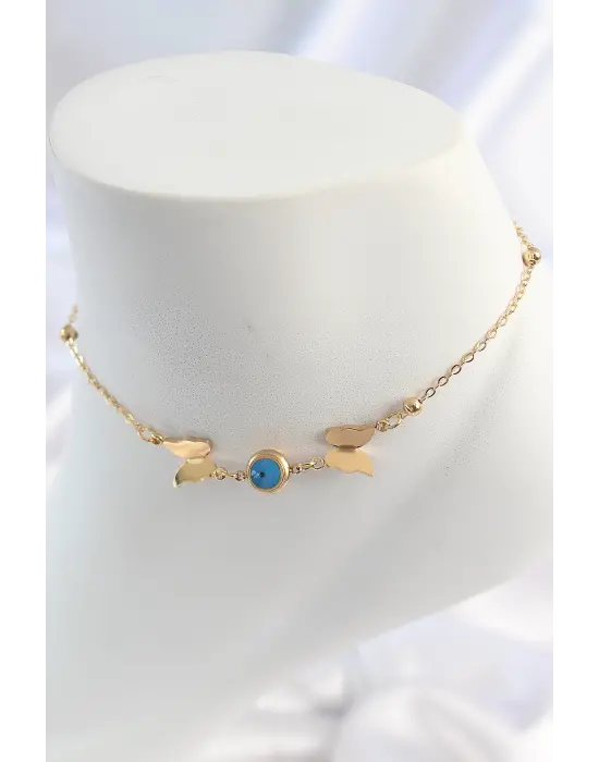 316L Çelik Gold Renk Kelebek Nazar Boncuk Figür Kadın Halhal