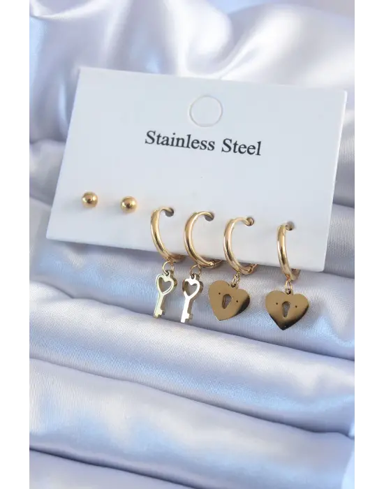 316L Çelik Gold Renk Kilit Kalp Model Kalp Anahtar Detay Kadın Küpe Seti