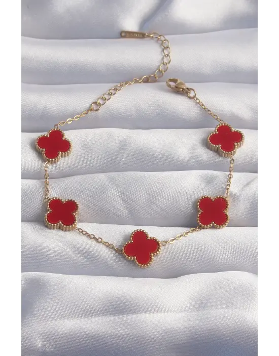 316L Çelik Gold Renk Kırmızı Mineli Yonca Bileklik