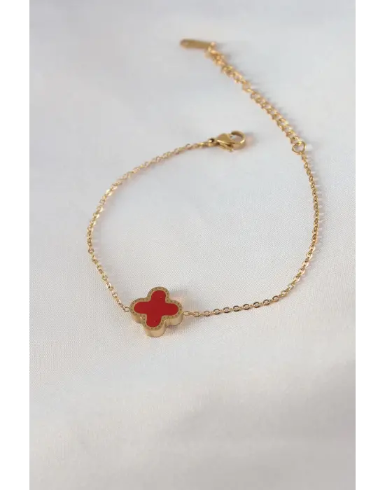 316L Çelik Gold Renk Kırmızı Yonca Model Kadın Bileklik