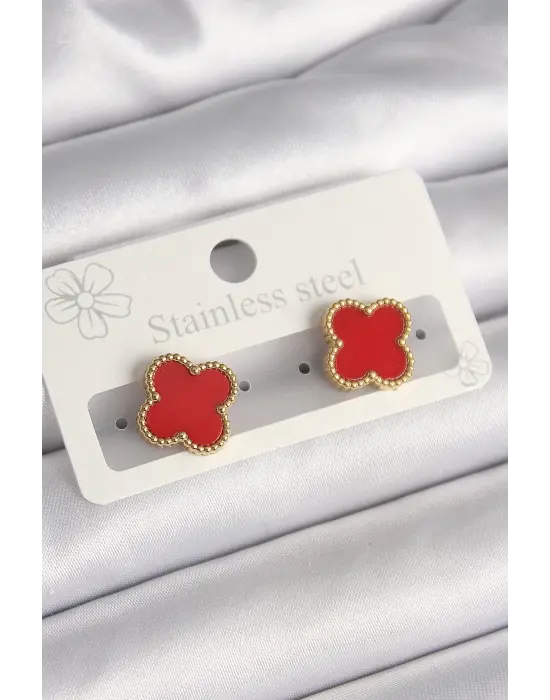   Altın Kırmızı Yonca Model Çelik Küpe
