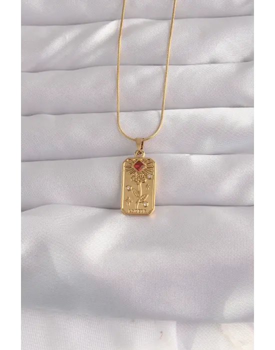  Altın  Kırmızı Zirkon Taşlı Gül Model Vintage Çelik Kolye