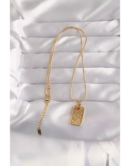  Altın  Kırmızı Zirkon Taşlı Gül Model Vintage Çelik Kolye