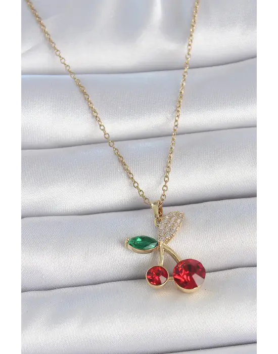 316L Çelik Gold Renk Kırmızı Zirkon Taşlı Kiraz Model Kadın Kolye