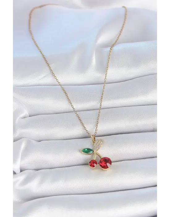 316L Çelik Gold Renk Kırmızı Zirkon Taşlı Kiraz Model Kadın Kolye