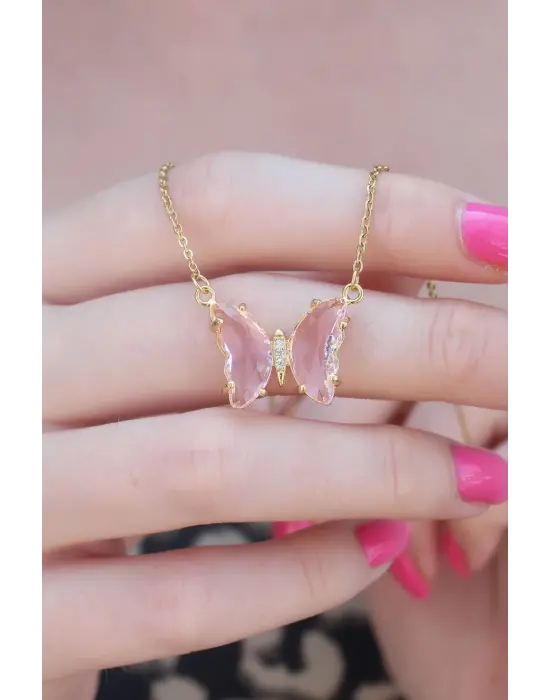 316L Çelik Gold Renk Krem Pembe Kristal Taşlı Kelebekli Çelik Kadın Kolye