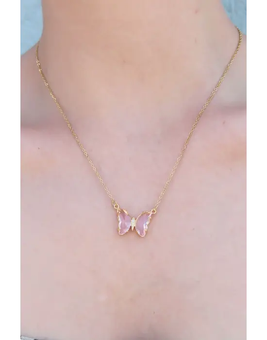316L Çelik Gold Renk Krem Pembe Kristal Taşlı Kelebekli Çelik Kadın Kolye