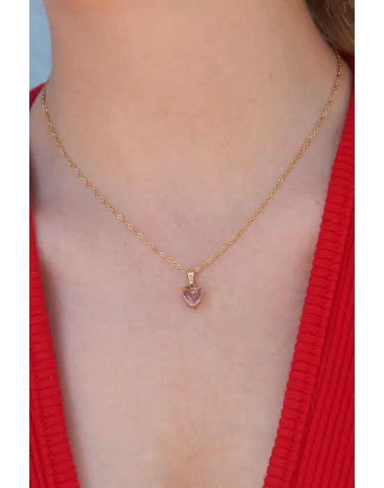  Altın  Kristal Kalp Figür  Çelik Kolye