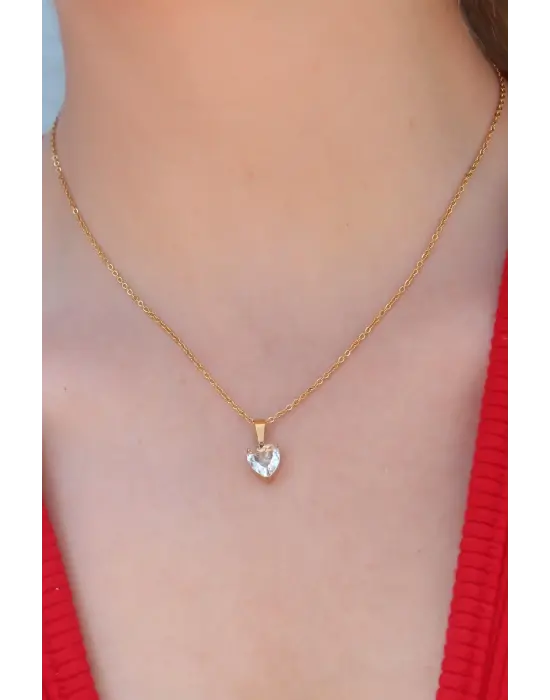  Altın  Kristal Kalp Figür  Çelik Kolye