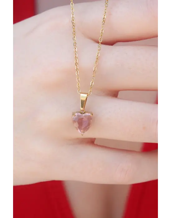  Altın  Kristal Kalp Figür  Çelik Kolye