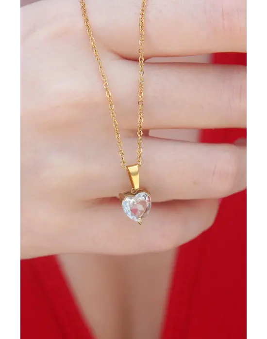  Altın  Kristal Kalp Figür  Çelik Kolye