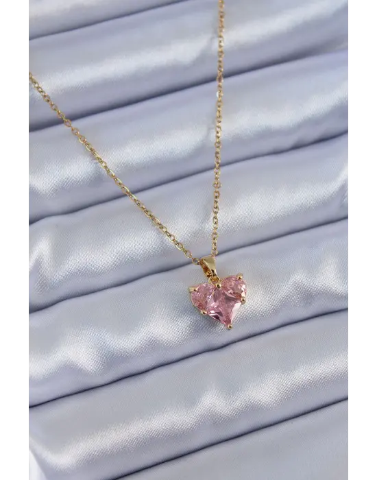 316L Çelik Gold Renk Kristal Kalp Model Kadın Kolye