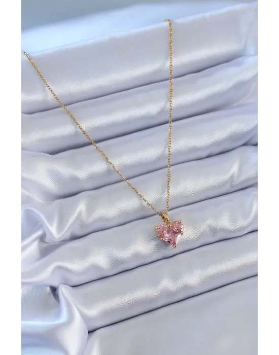 316L Çelik Gold Renk Kristal Kalp Model Kadın Kolye