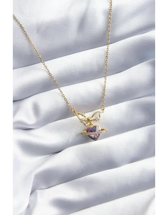  Altın  Kristal Kalp Zirkon Taş Detay  Çelik Kolye