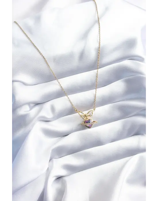  Altın  Kristal Kalp Zirkon Taş Detay  Çelik Kolye