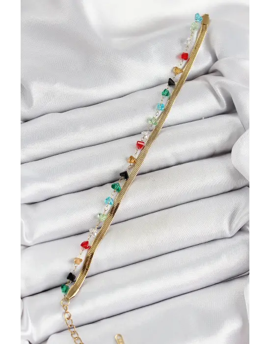 316L Çelik Gold Renk Kristal Karışık Renkli Taşlı 2li Kadın Bileklik