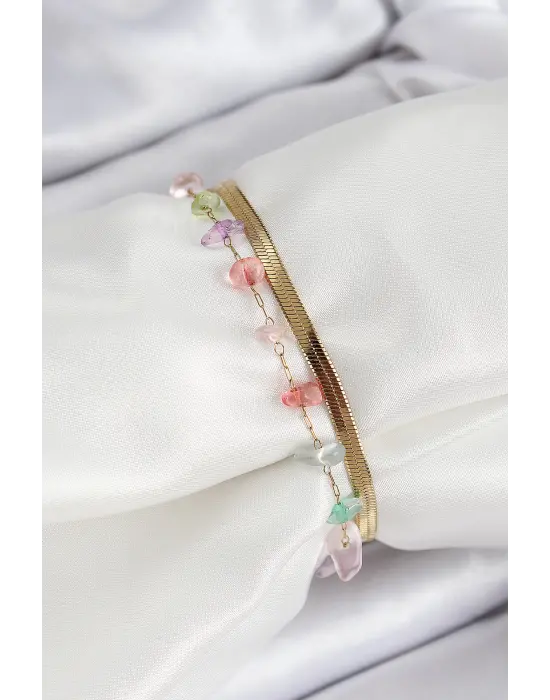 316L Çelik Gold Renk Kristal Karışık Renkli Taşlı Kadın Bileklik