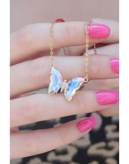 316L Çelik Gold Renk Kristal Kelebek Model Kadın Kolye