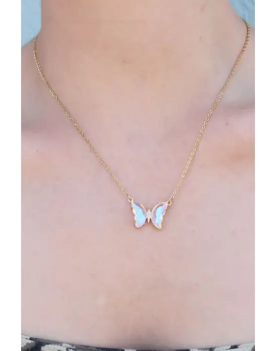 316L Çelik Gold Renk Kristal Kelebek Model Kadın Kolye