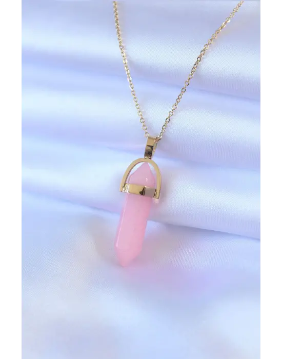 Altın Kristal Pembe Taş Model kolye