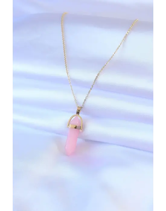 Altın Kristal Pembe Taş Model kolye